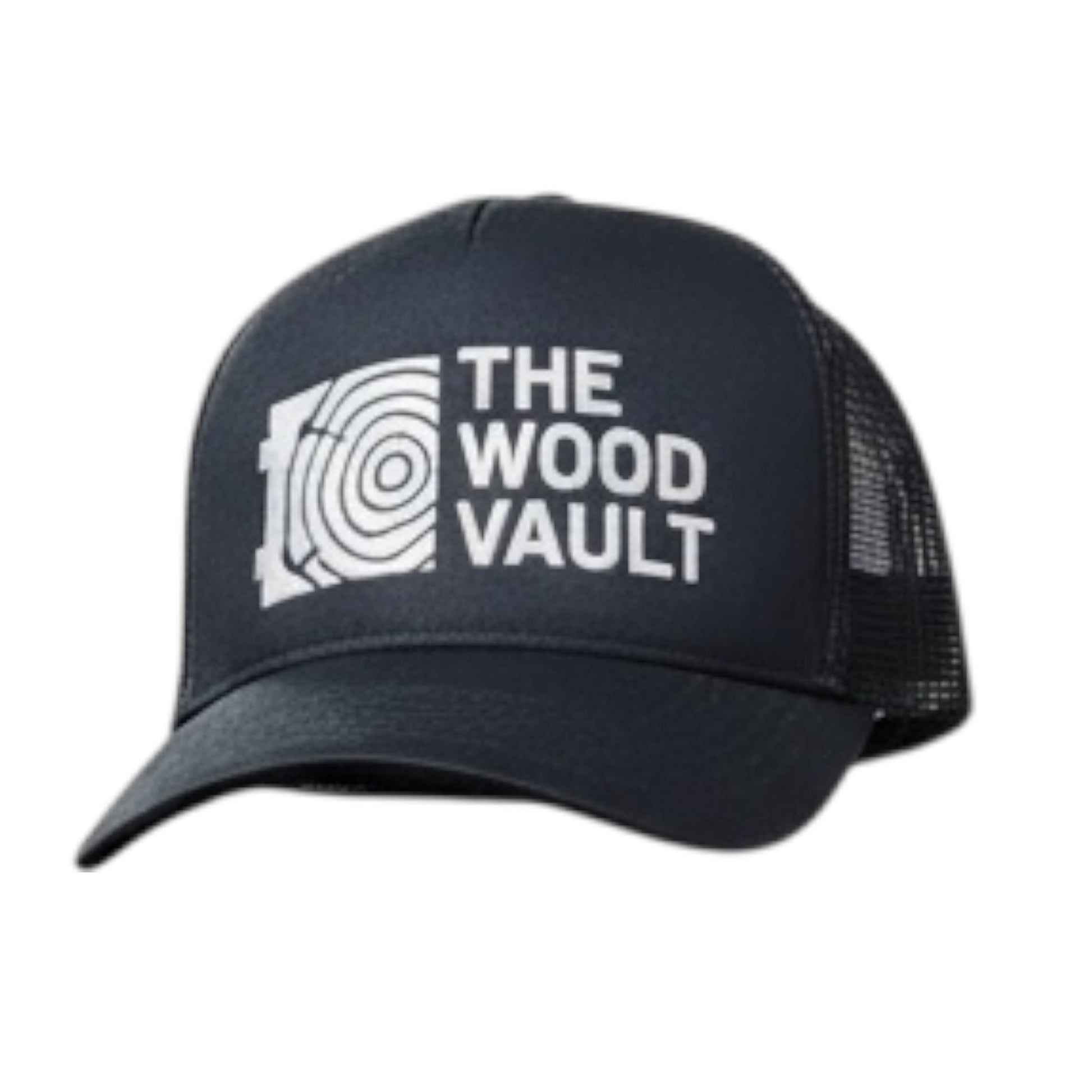 Black cap with 'The Wood Vault' logo on a white background