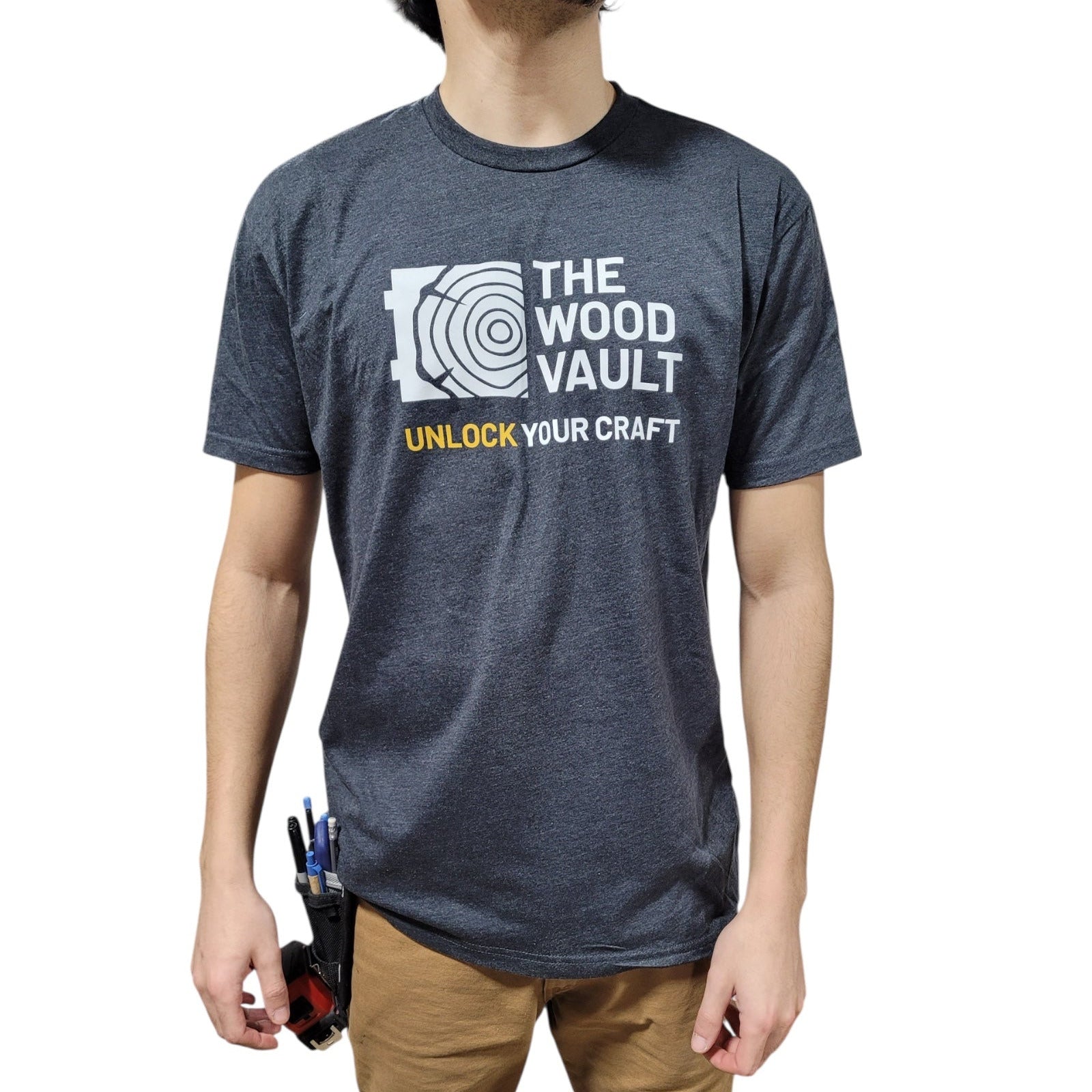Person wearing a charcoal t-shirt with 'The Wood Vault' logo on a white background