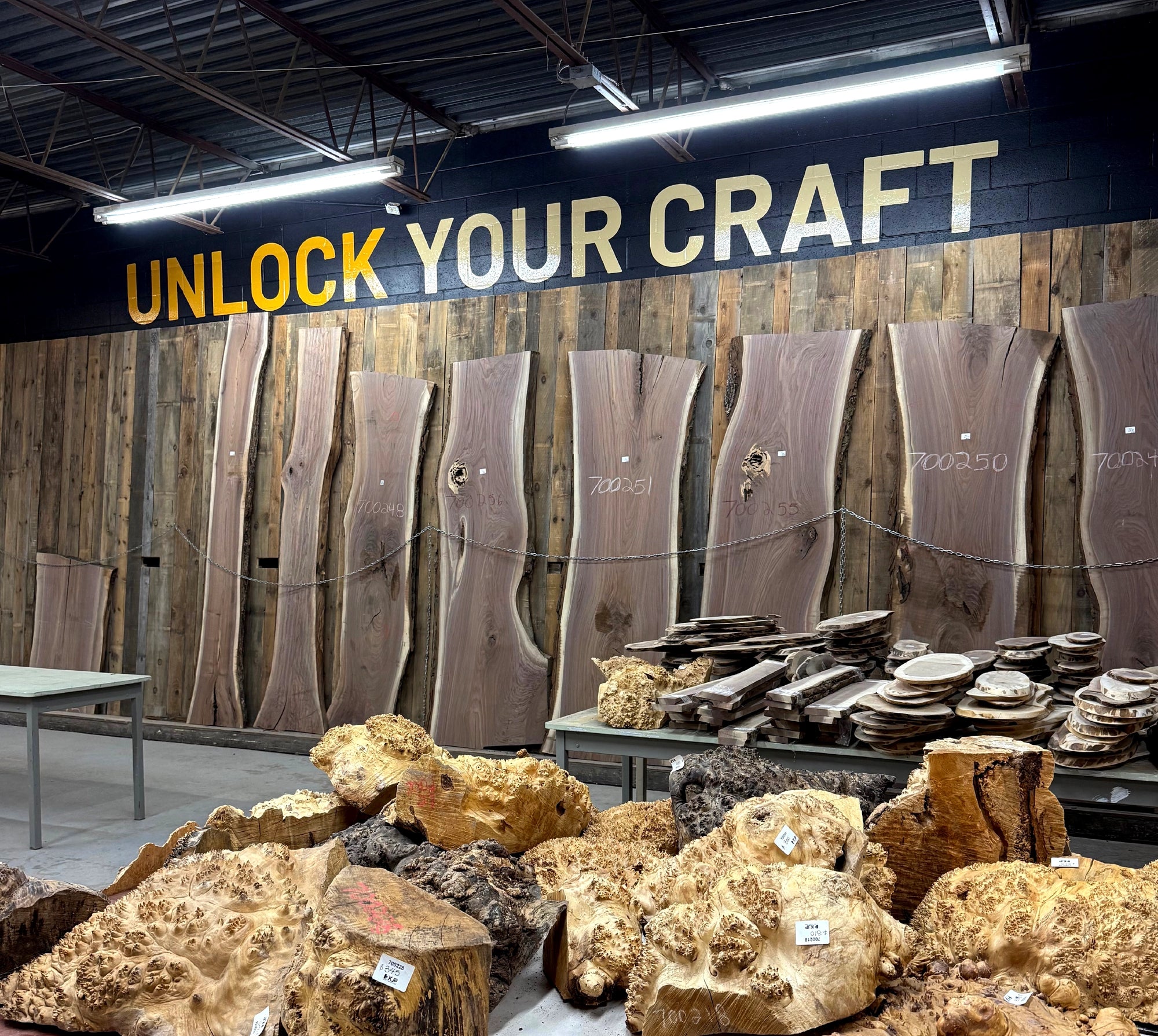 Room with burls and slabs